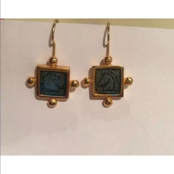 Jewelry - GOLD WITH DARK GREEN ENAMEL CENTER STONE EARRINGS Jewelry - GOLD WITH DARK GREEN ENAMEL CENTER STONE EARRINGS